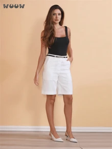 WUUW Women's Solid Color Metal Belt Shorts - 白色 - 查看 1