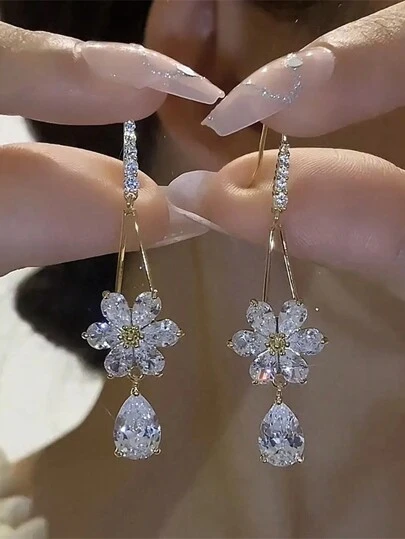 1pair Crystal Water Drop & Zirconia Flower Earrings Stylish Women's Decorative Earrings For Everyday Parties, Proms, Dinners, Commutes, Colleges, Etc Valentines,Mom,Mother,Mother's Day,Gift