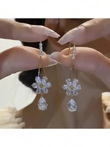 1 Đôi bông tai hình hoa giọt nước đính đá Zirconia, bông tai trang trí thời trang dành cho nữ, thích hợp cho đeo hàng ngày, dự tiệc, dạ hội, ăn tối, đi làm, đi học và các dịp khác, quà tặng Ngày Valentine, Ngày của Mẹ. - Vàng - Xem 3