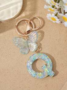 1pc Creative Keychain With Letter Stone Resin Pendant, Butterfly Tassel Letter Charm Keyring For Girls - White - View 18