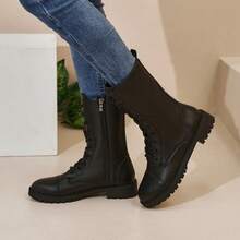 女式软皮高帮靴、马术靴、高跟防水长靴 - 黑色 - 查看 3