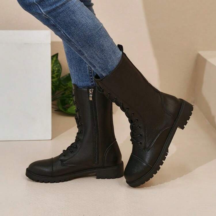 女式软皮高帮靴、马术靴、高跟防水长靴 - 黑色 - 查看 3