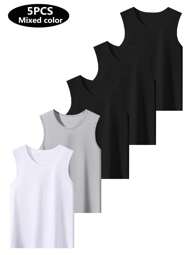 5pcs/Pack Assorted Color Lightweight Breathable Stretchy Solid Color Men's Undershirts, Comfortable For Summer, Sports, Running, Workout