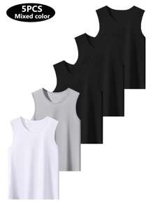5pcs/Pack Assorted Color Lightweight Breathable Stretchy Solid Color Men's Undershirts, Comfortable For Summer, Sports, Running, Workout