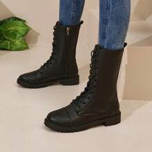 女式软皮高帮靴、马术靴、高跟防水长靴 - 黑色 - 查看 4