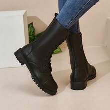 女式软皮高帮靴、马术靴、高跟防水长靴 - 黑色 - 查看 5