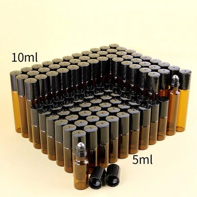 1 件/50 件琥珀色玻璃滚珠瓶，0.17 盎司/0.34 盎司迷你可再填充香水样品瓶，便携式旅行装，适用于精油和芳香疗法，配有金属滚珠和黑色瓶盖
