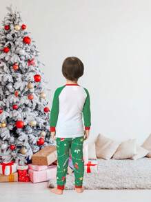 2pcs/Set Young Boy Christmas Family Matching Snug Fit Pajamas, Christmas Tree Print Long Sleeve Top And Pants, Cozy Holiday Loungewear Set - Green - View 2