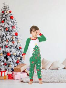 2pcs/Set Young Boy Christmas Family Matching Snug Fit Pajamas, Christmas Tree Print Long Sleeve Top And Pants, Cozy Holiday Loungewear Set - Green - View 4