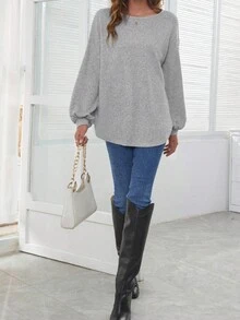 Contrast Button Bishop Sleeve Sweater - Grey - View 6