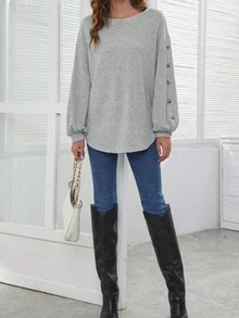 Contrast Button Bishop Sleeve Sweater - Grey - View 5