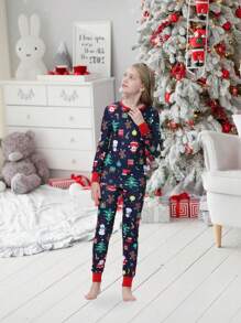 2pcs/Set Tween Girl Christmas Family Matching Snug Fit Pajamas - Fun Santa Claus Gift Print Long Sleeve Top And Pants Holiday Comfy Loungewear Set