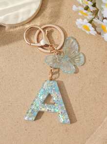 1pc Creative Keychain With Letter Stone Resin Pendant, Butterfly Tassel Letter Charm Keyring For Girls - White - View 25