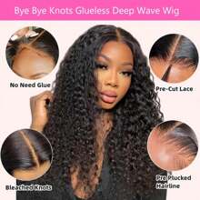 6x4 Glueless Wig Pre Cut Transparent Lace Deep Wave Human Hair Wig Pre Plucked For Beginners 180 Density Deep Curly Lace Front Wig Human Hair 3 Second To Wear Curly Wig 22 Inch - Natural Black - 查看 2
