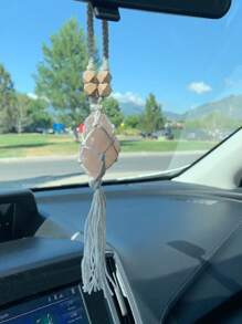 1pc Crystal Car Rearview Mirror Hanging Decoration Pendant, Double/Single Stone - Dusty Pink - View 9