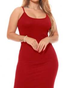 Women's Short Ribbed Dress With Basic Straps - 酒紅色 - 查看 2