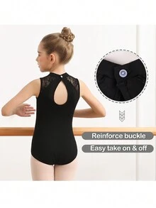 Bộ đồ ba lê không tay ren cho bé gái tuổi mới lớn Bộ đồ thể dục nhảy múa có nút cổ giả cho bé gái tuổi mới lớn Bộ đồ khiêu vũ hở lưng/hình giọt nước - màu đen - Xem 2
