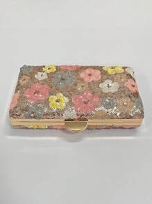 这款多色花卉斜挎包时尚独特，配有复古链条肩带，迷你盒形设计，适合派对女孩、新娘、大学生、年轻职业女性和上班族。可用于派对、舞会、婚礼等各种场合，与舞蹈配饰完美搭配，精致的花卉图案尽显女性魅力。粉色 - 珊瑚粉 - 查看 9