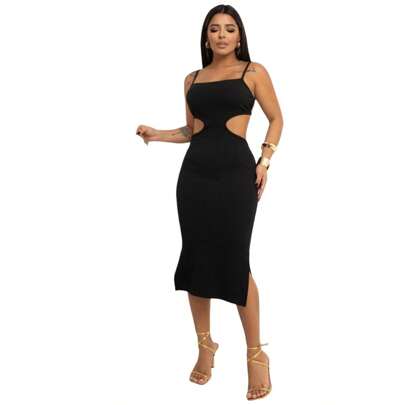 Vestido Ana Ruga Midi Modal Preto PROMOÇÃO