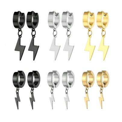 2 Pcs Punk Stainless Steel Hoop Clip Earrings Gothic Lightning Pendant Geometry Ear Ring Pop Hip Hop Piercing Jewelry Men's Black Silver Gold Plated Lightning Piercing Earrings Unisex For Women Men