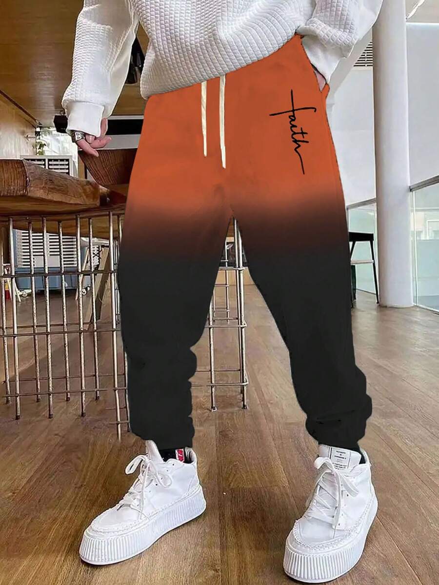 Ombre Color Series Cuffed Sweatpants, Men's Casual Joggers, Stretchy Lightweight Running Pants For Spring Autumn Winter - Black - View 1