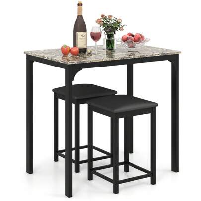 3 Piece Dining Table Set For 2, Kitchen Counter Height Table & Chair Set, W/ 2 Faux Leather Backless Stools, For Breakfast Nook/Dinette/Living Room, Compact Design, Modern High Top Bar & Pub Table Set For Small Space, White/Black