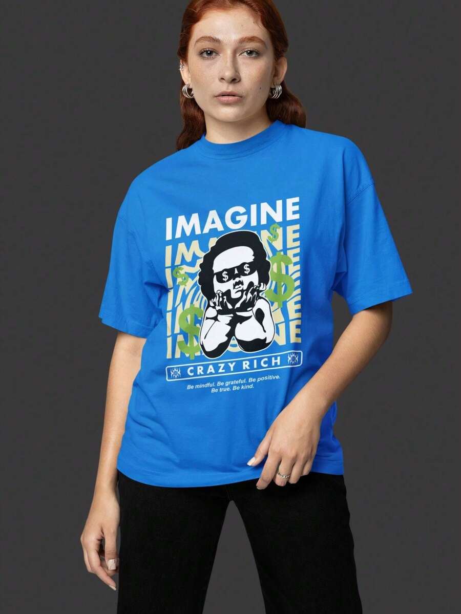 Craze Rich Money Imagine Cotton Unisex Streetwear Women Men T-Shirt New Release - Xanh đậm - Xem 1