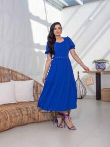 Women's Midi Dress With Belt And Elastic Back - 藍色 - 查看 2