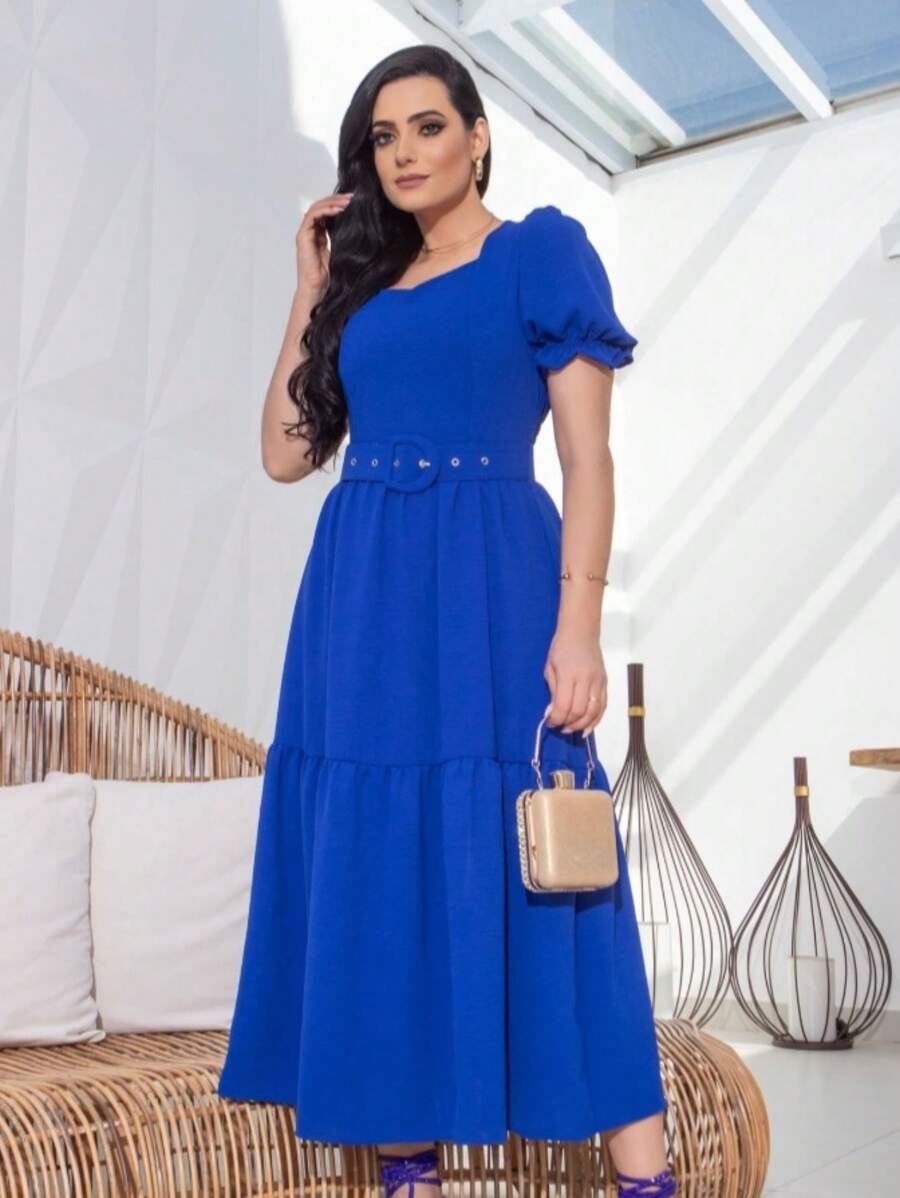 Women's Midi Dress With Belt And Elastic Back - 藍色 - 查看 1