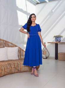 Women's Midi Dress With Belt And Elastic Back - 藍色 - 查看 3