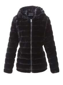 Women Faux Fur Coat Fleece Fuzzy Hooded Fluffy Shearling Sherpa-Lined Jacket - Black - View 6
