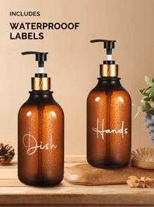 2 件 500 毫升 16 盎司优雅乳液分配器 - 光滑的消毒剂和液体泵 - 时尚家居和浴室配件（琥珀色透明）家居浴室装饰秋季装饰返校 - 棕色帶竹托盤 - 查看 3