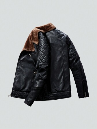 Men's Outdoor Winter Plus Fleece Aviator PU Leather Jacket, Black Lapel Motorcycle Style Leather Jacket.