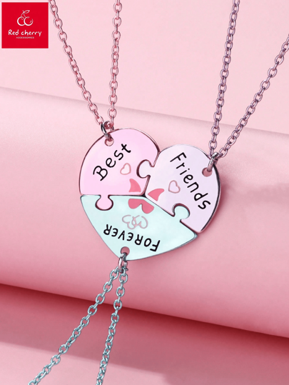 3pcs/Set Girls Best Friends Forever Heart Puzzle Necklace Set, Colorful Enamel & Matte Gold/Silver Tone Alloy Charms, Suitable For Friendship Day & Jewelry Gift