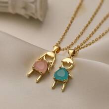 1pc European & American Minimalist Copper Plated Heart Zirconia Couple Pendant Necklace Set Valentines,Mom,Mother,Mother's Day,Gift - Gold - View 15
