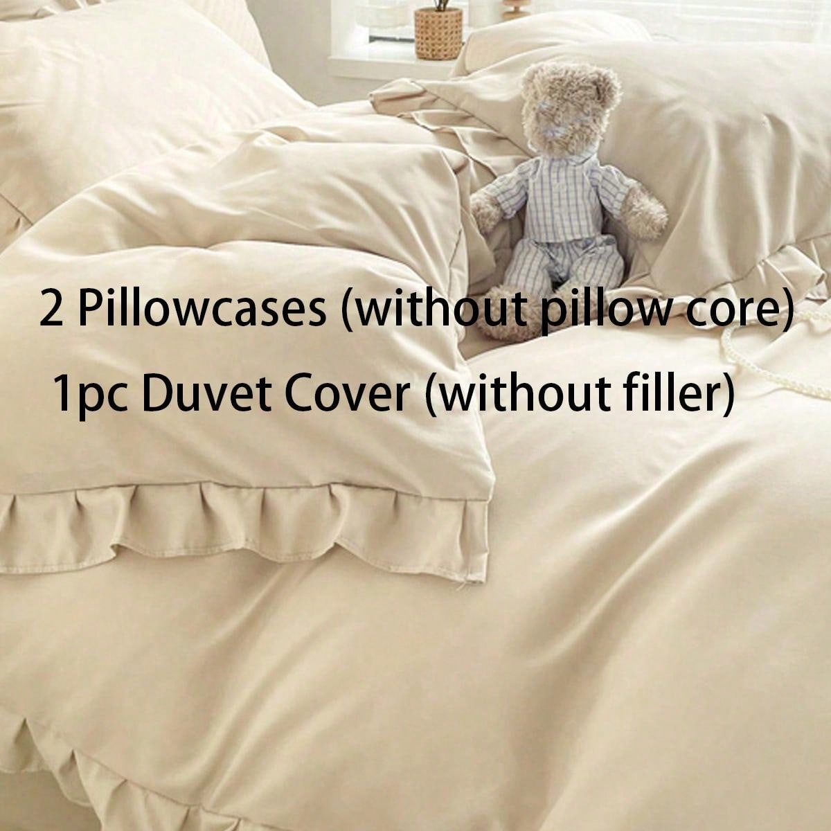 Juego de funda nórdica con volantes de color crema suave y acogedor (1*Funda nórdica + 2*Fundas de almohada), adecuado para dormitorio, habitación