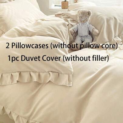 3 件奶油色荷叶边柔软舒适拉绒羽绒被套套装（1 个羽绒被套 + 2 个枕套），适用于卧室、客房，可机洗，四季皆宜