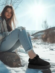 2025 Women's Ankle Boots, Thermal Lined, Thick Warm Boots, Slip-On, Elastic, Platform, Snow Boots, Suede, Short Tube, Round Toe, Simple, Durable, Non-Slip, Plus Size, Autumn/Winter