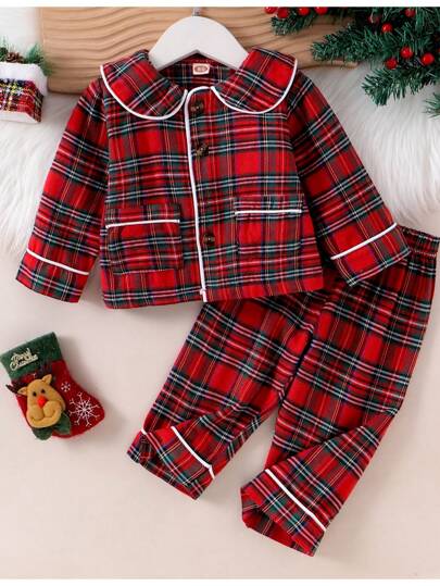2 piezas Conjunto de pijama cómodo de manga larga a cuadros con cuello para bebé niña, otoño/invierno