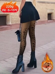 1 件女式豹纹蝴蝶结保暖内衬厚针织打底裤，温暖优雅的秋冬季休闲装 - 黑色 - 查看 1