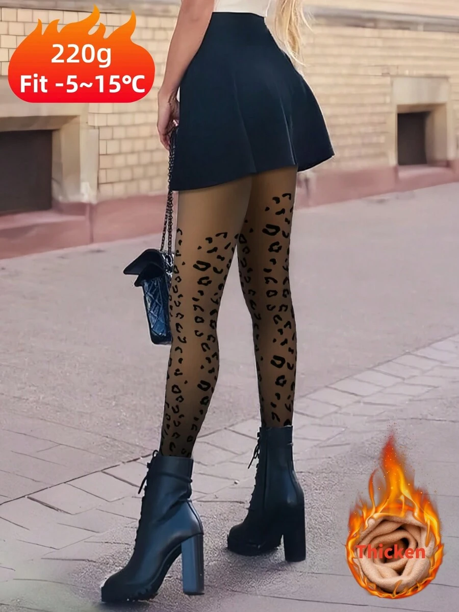 1 件女式豹纹蝴蝶结保暖内衬厚针织打底裤，温暖优雅的秋冬季休闲装 - 黑色 - 查看 1