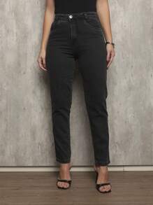 Shein Mom Jeans Women's 100% Jeans High Waist Thick Premium Fabric Lisa Blogger - Xám - Xem 1