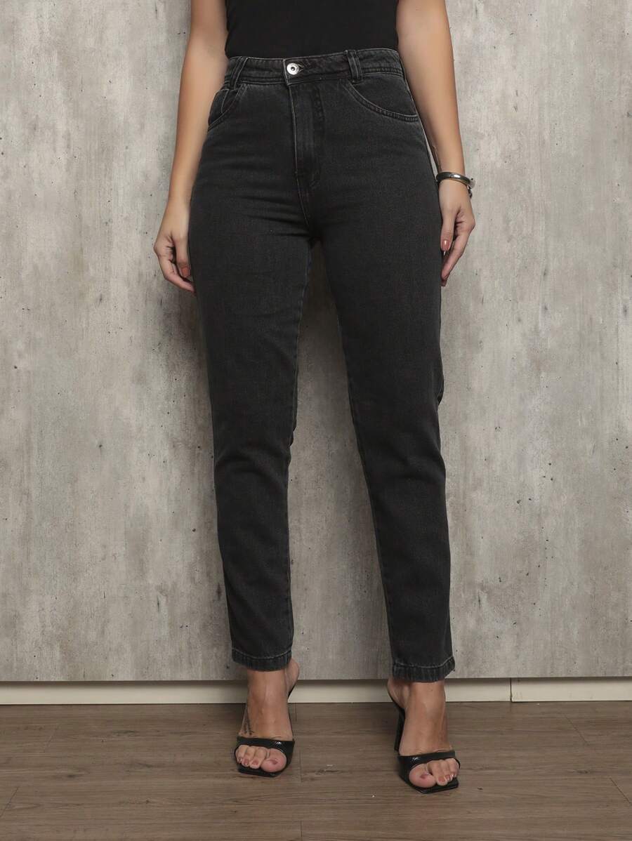 Shein Mom Jeans Women's 100% Jeans High Waist Thick Premium Fabric Lisa Blogger - Xám - Xem 1