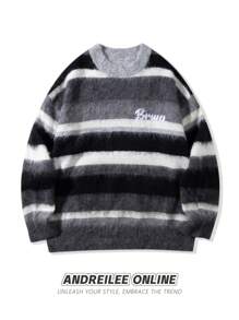 Luźny sweter typu pullover unisex, w kolorowe paski, haft literowy, puszysta dzianina, okrągły dekolt, odpowiedni na wiosnę, jesień i zimę