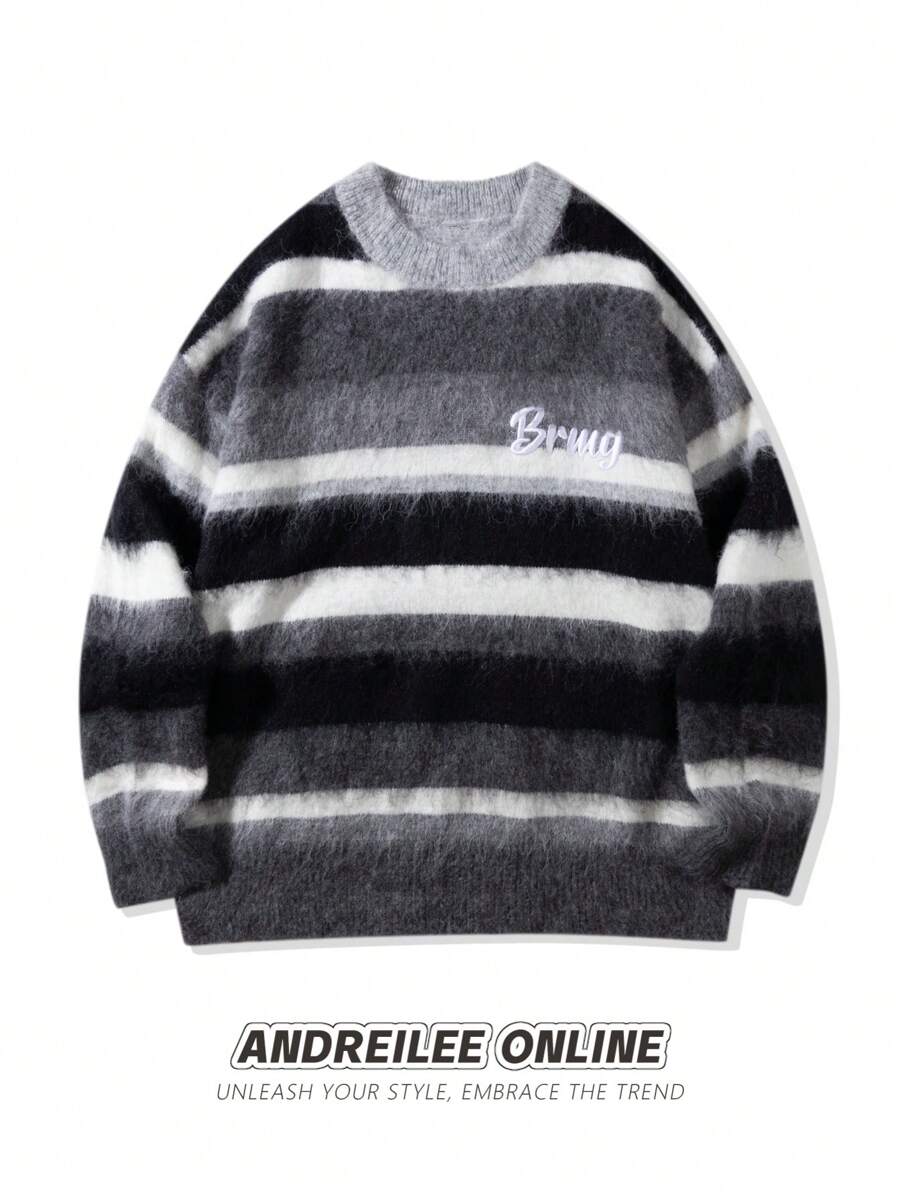 Luźny sweter typu pullover unisex, w kolorowe paski, haft literowy, puszysta dzianina, okrągły dekolt, odpowiedni na wiosnę, jesień i zimę