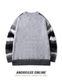 Luźny sweter typu pullover unisex, w kolorowe paski, haft literowy, puszysta dzianina, okrągły dekolt, odpowiedni na wiosnę, jesień i zimę