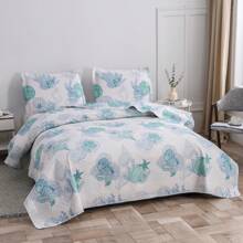 3Pcs Summer Beach Bedspreads Set King Queen Twin Size Lightweight Coastal Ocean Theme Quilts Seashell Conch Coverlet Sets Starfish Seahorse Seaweed Printed Bedding Pillow Shams - 藍色 綠色 白色 - 查看 2