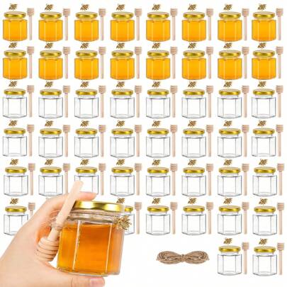 60/50/30/20/10/2Sets, 1.5 Oz Hexagon Mini Glass Honey Jars, Honey Jars With Wood Dipper, Golden Lids, Bee Pendants And Jutes, Perfect For Baby Shower, Wedding Favors, Party Favors