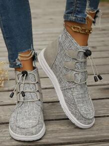 女士柔软轻便透气高帮踝靴，百搭休闲帆布抽绳运动鞋，圆头平底春秋鞋