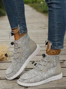 女士柔软轻便透气高帮踝靴，百搭休闲帆布抽绳运动鞋，圆头平底春秋鞋